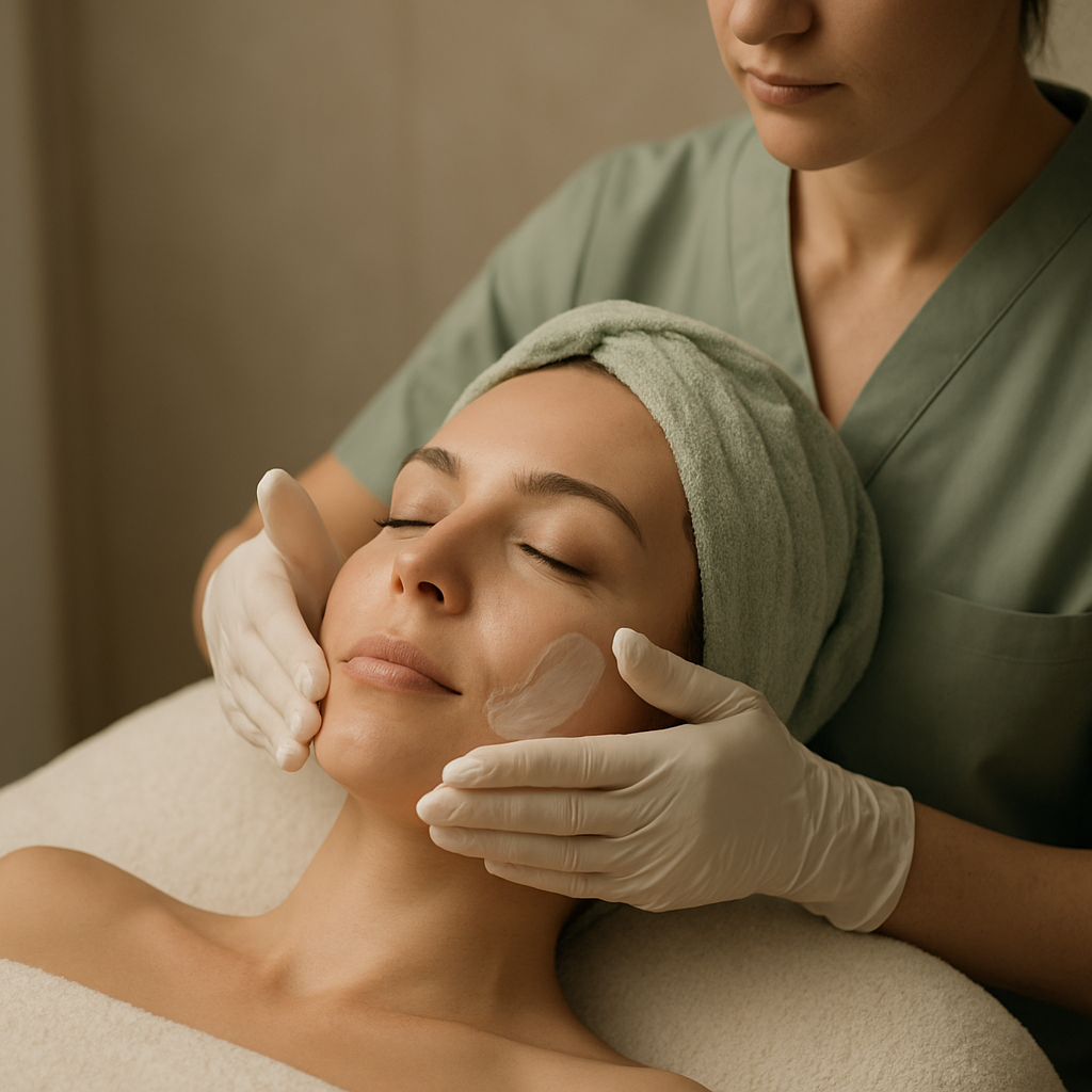 An esthetician giving a relaxing facial treatment in a premium spa