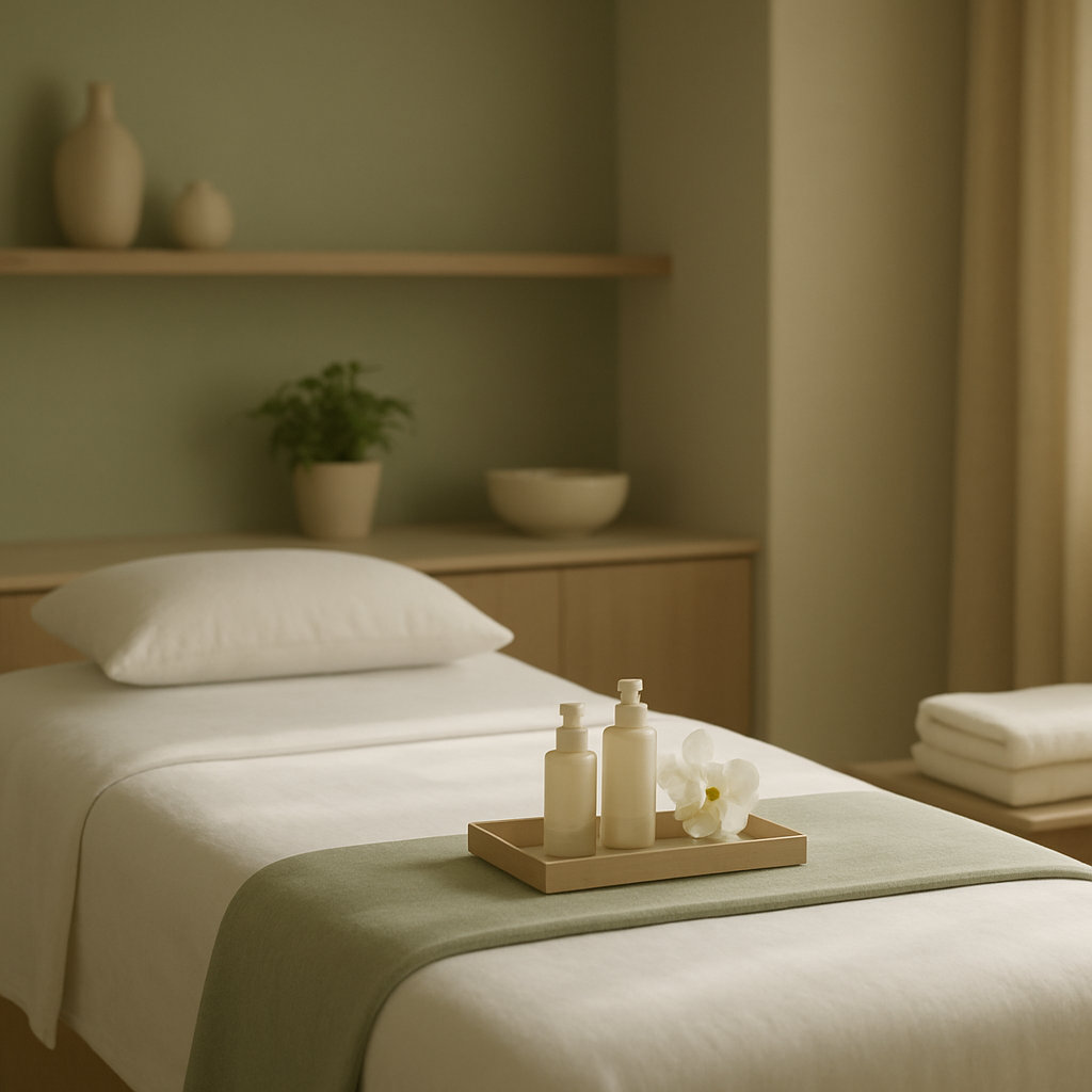 A calm, premium spa treatment room with soft natural light